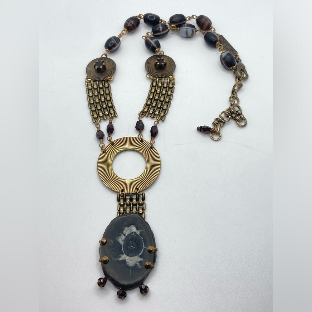 VTG Jan Michaels Agate Stone Modernist Brass Disk Statement Necklace Signed